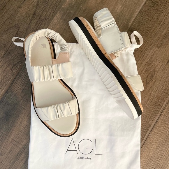 AGL White Nappa Leather Sandals With Elastic Bands Cream Two Straps EU 37 NEW